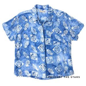 Pineapple Blue White Tie Dye Button Down Shirt Top